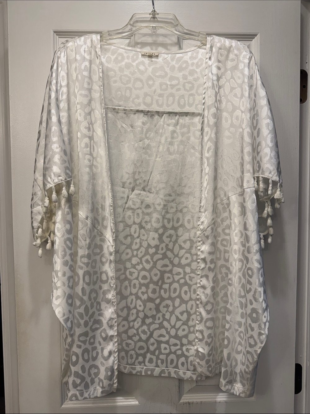 JODIFL White Sheer Leopard-Print Kimono with Tassel Trim